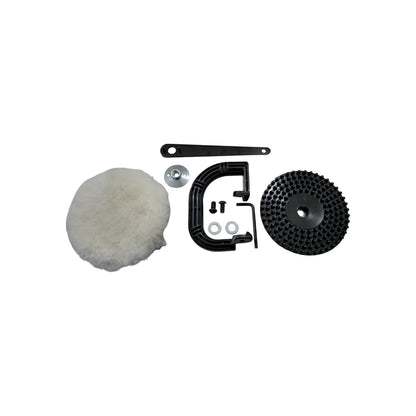Accesorios para pulidora: almohadilla de lana para pulir, disco abrasivo de esmerilado, llave de montaje, tornillos.