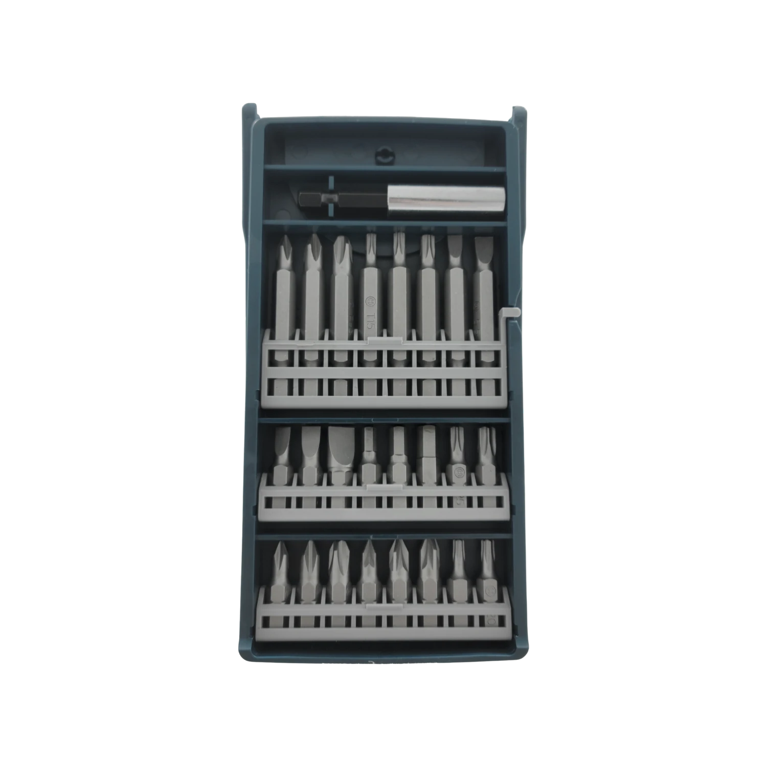 Juego de puntas de atornillador con Phillips, planas, Torx (T15, T20) y porta-puntas magnético en estuche azul gris.