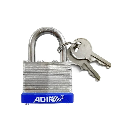 Candado de seguridad laminado Adir, gancho corto endurecido, base azul con 2 llaves