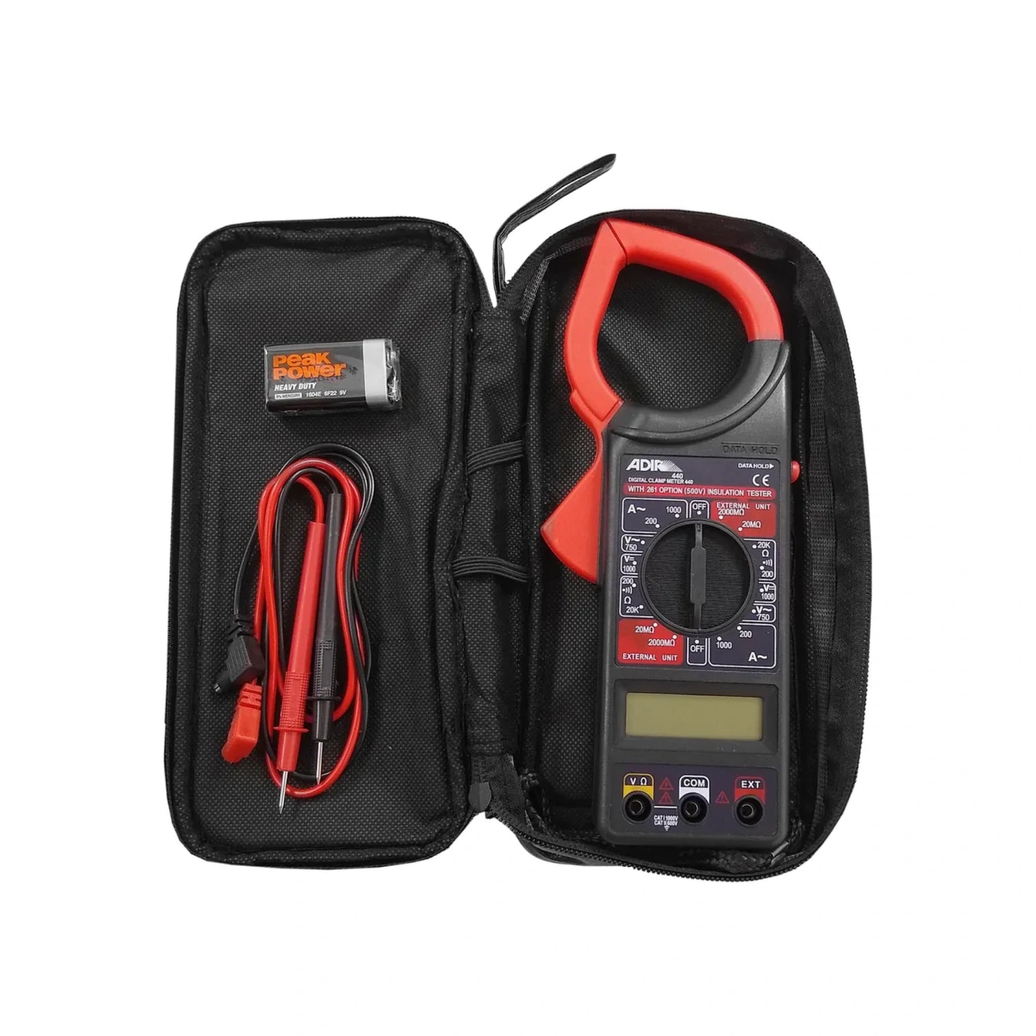 Multímetro digital de gancho ADIR 440 rojo y negro con pinza amperimétrica, puntas de prueba y pila 9V en estuche.