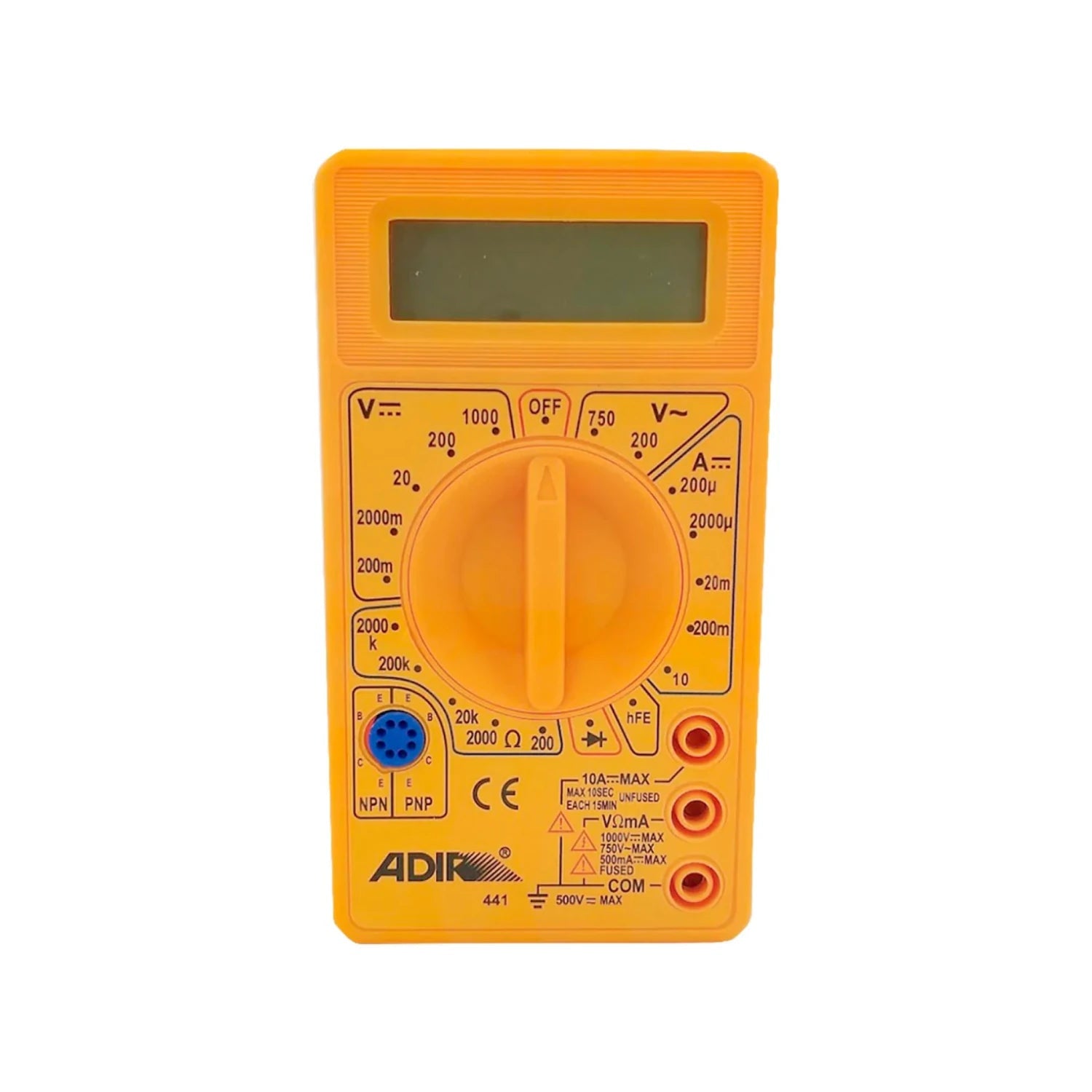 Multímetro digital Adir 441 amarillo para medir voltaje, corriente, resistencia y hFE. Herramienta de electricista.