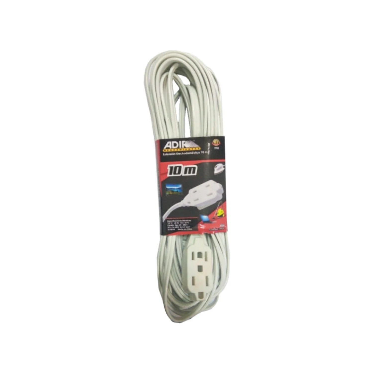 Extensión eléctrica Adir 10m blanca, cable prolongador con 3 tomas para uso doméstico.