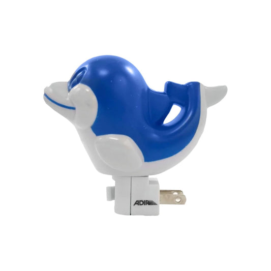 Lámpara de noche Adir, delfín azul y blanco, conexión directa a enchufe de pared.