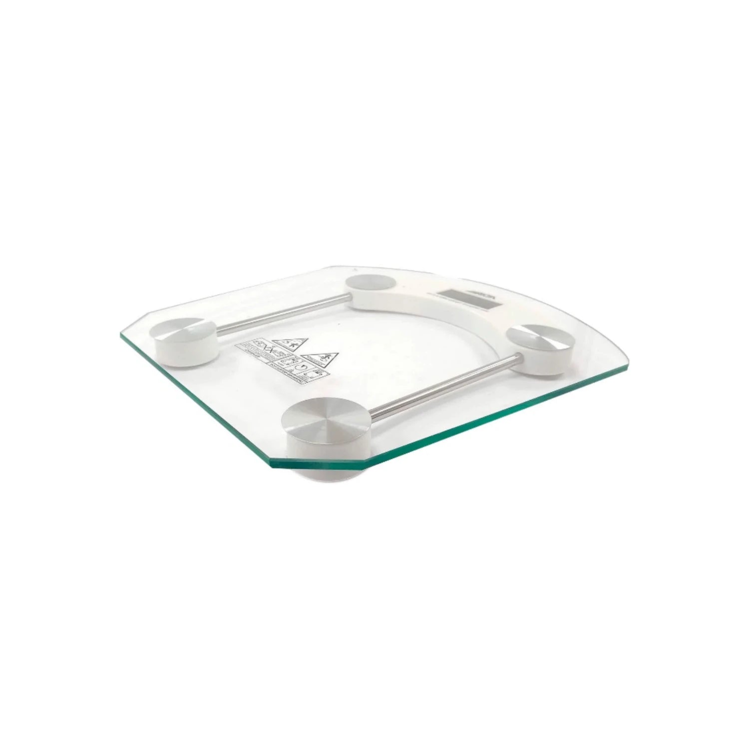 Báscula digital de baño con plataforma de cristal templado transparente, base blanca y sensores cromados.