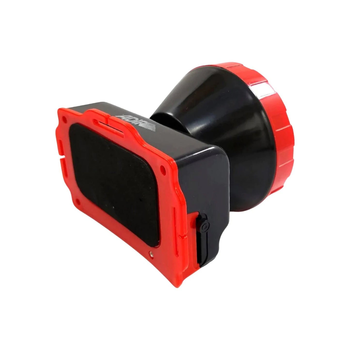 Linterna minera recargable Adir de 1 LED, carcasa robusta negra y roja, ideal para uso industrial.