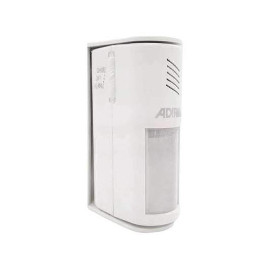 Sensor de movimiento Adir blanco para seguridad con alarma y anunciador, selector chime/off/alarm.