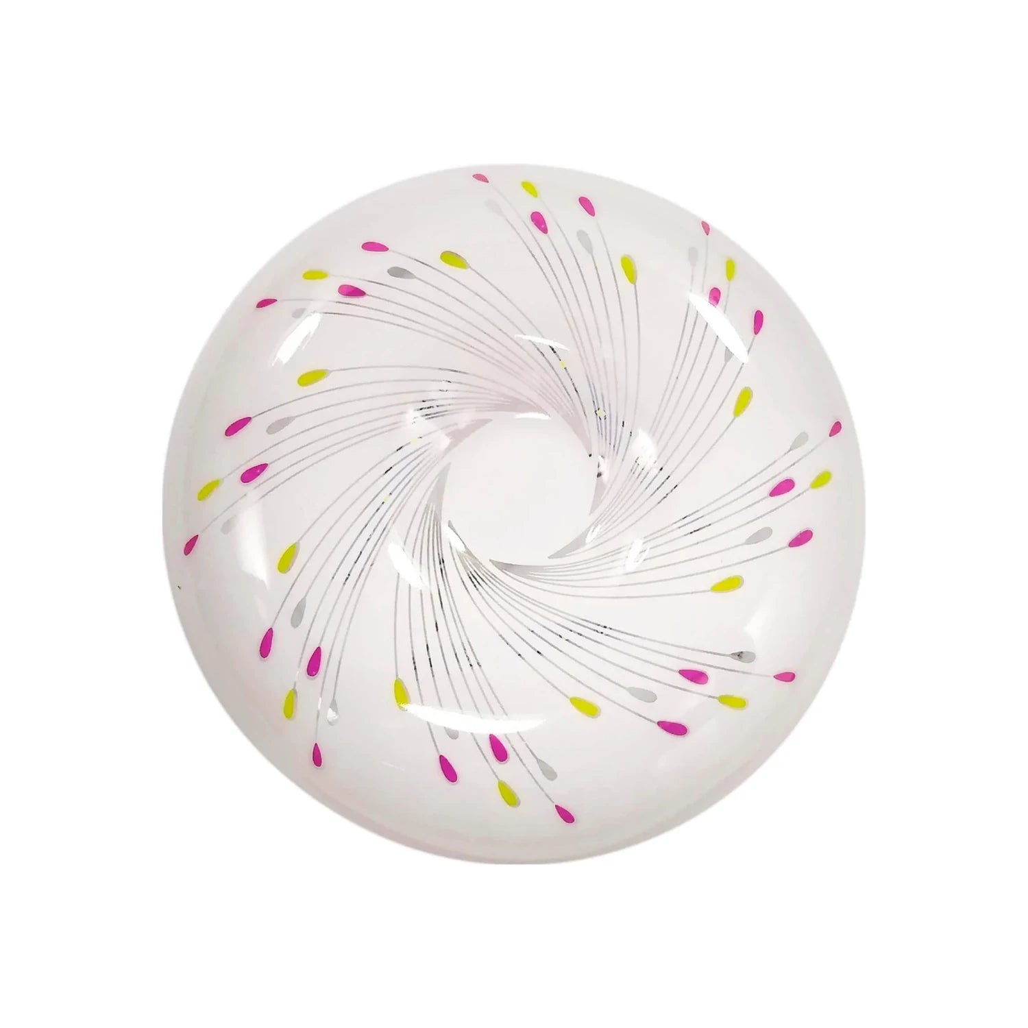 Plafón LED blanco redondo 18W de sobreponer para techo, diseño moderno con patrón decorativo multicolor vibrante.