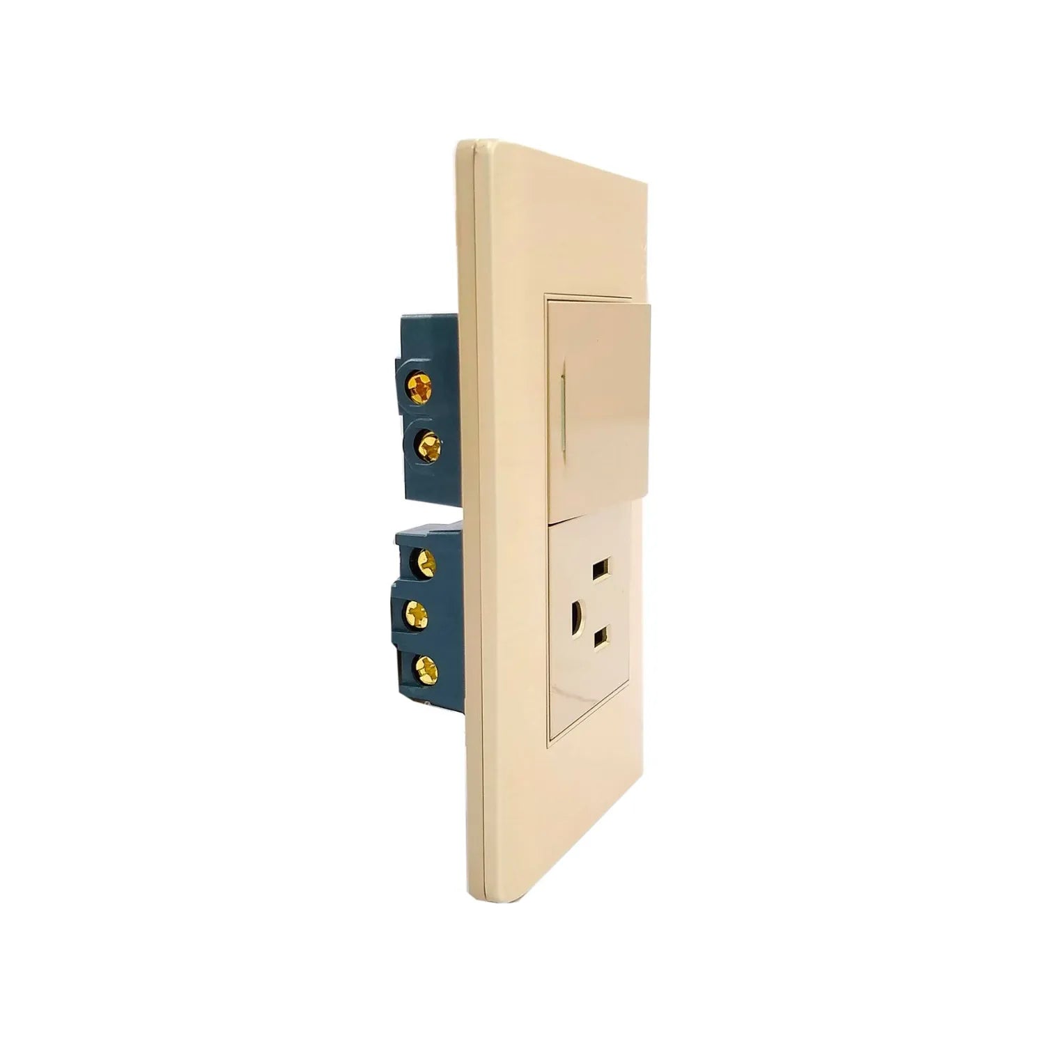 Placa eléctrica modular color crema con interruptor de luz y tomacorriente polarizado.