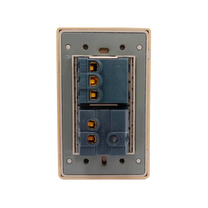 Vista trasera placa eléctrica combinada 1 apagador y 1 contacto, bornes de cableado para instalación, color beige.