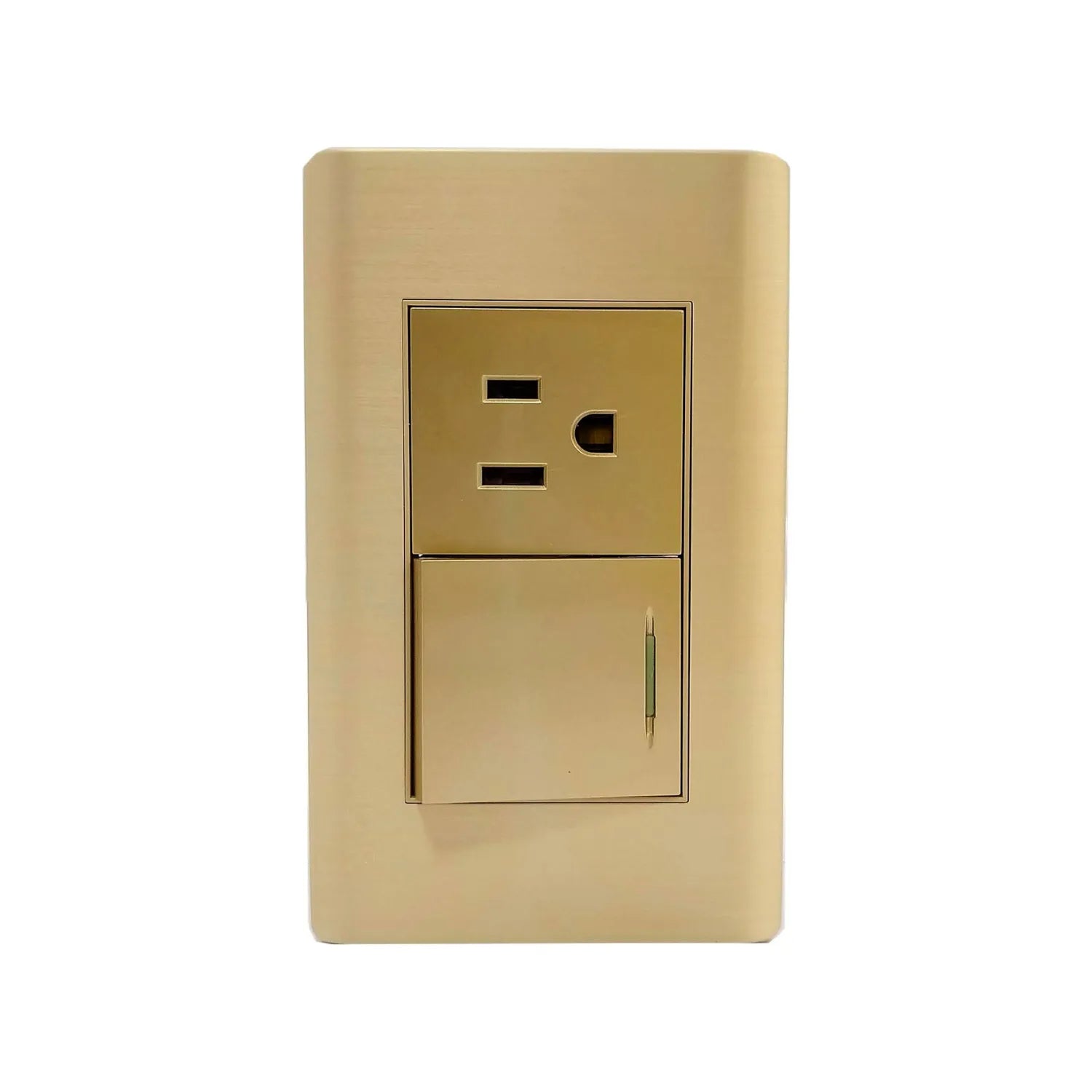Placa de pared eléctrica rose gold con 1 contacto polarizado y 1 apagador, acabado metálico cepillado.