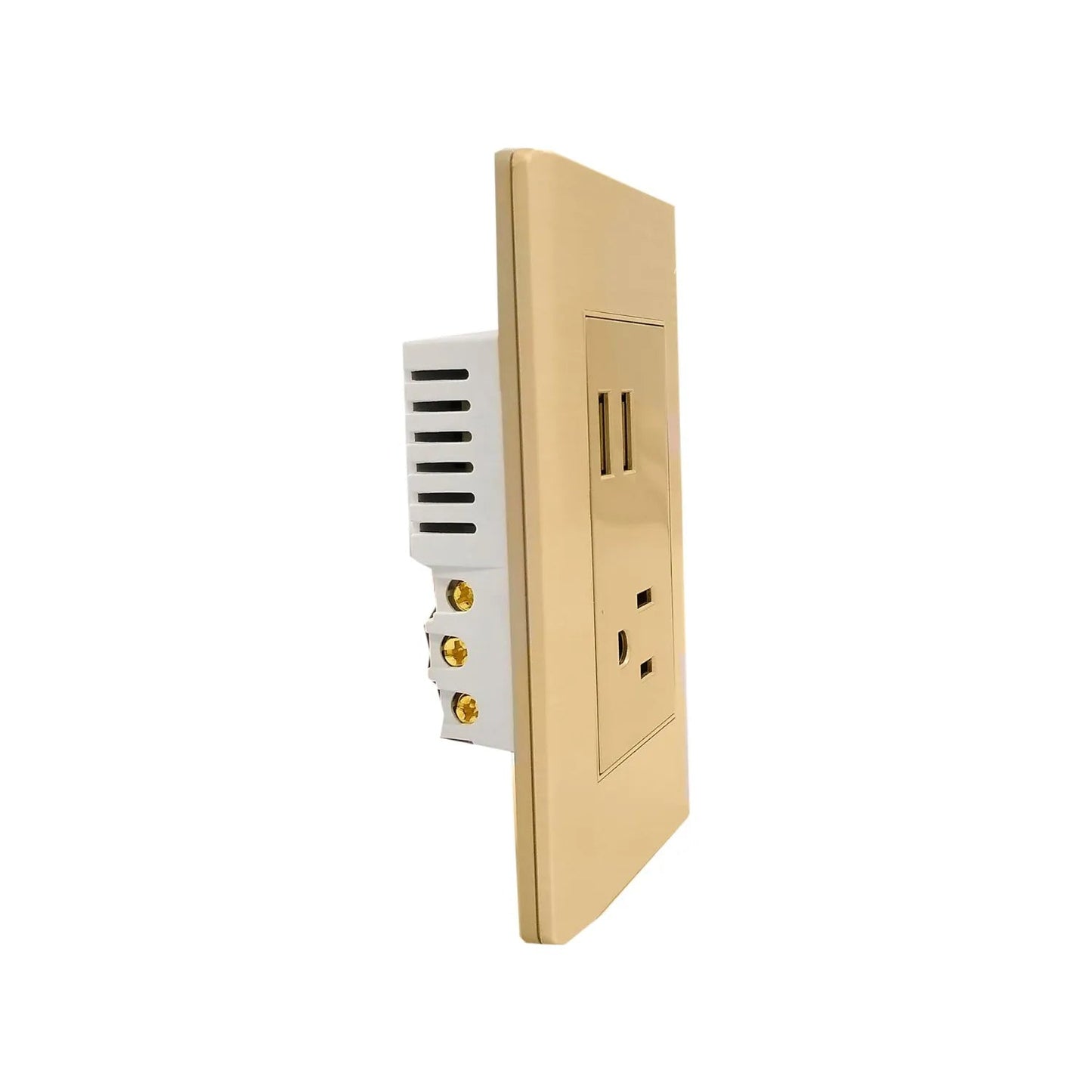 Placa de pared rose gold con un tomacorriente eléctrico y dos puertos USB de carga rápida