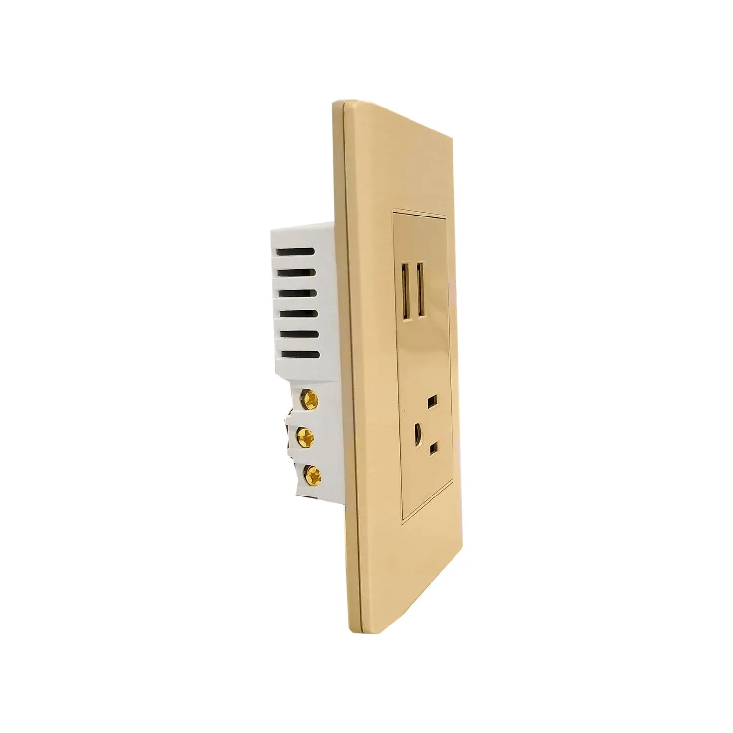Placa de pared rose gold con un tomacorriente eléctrico y dos puertos USB de carga rápida