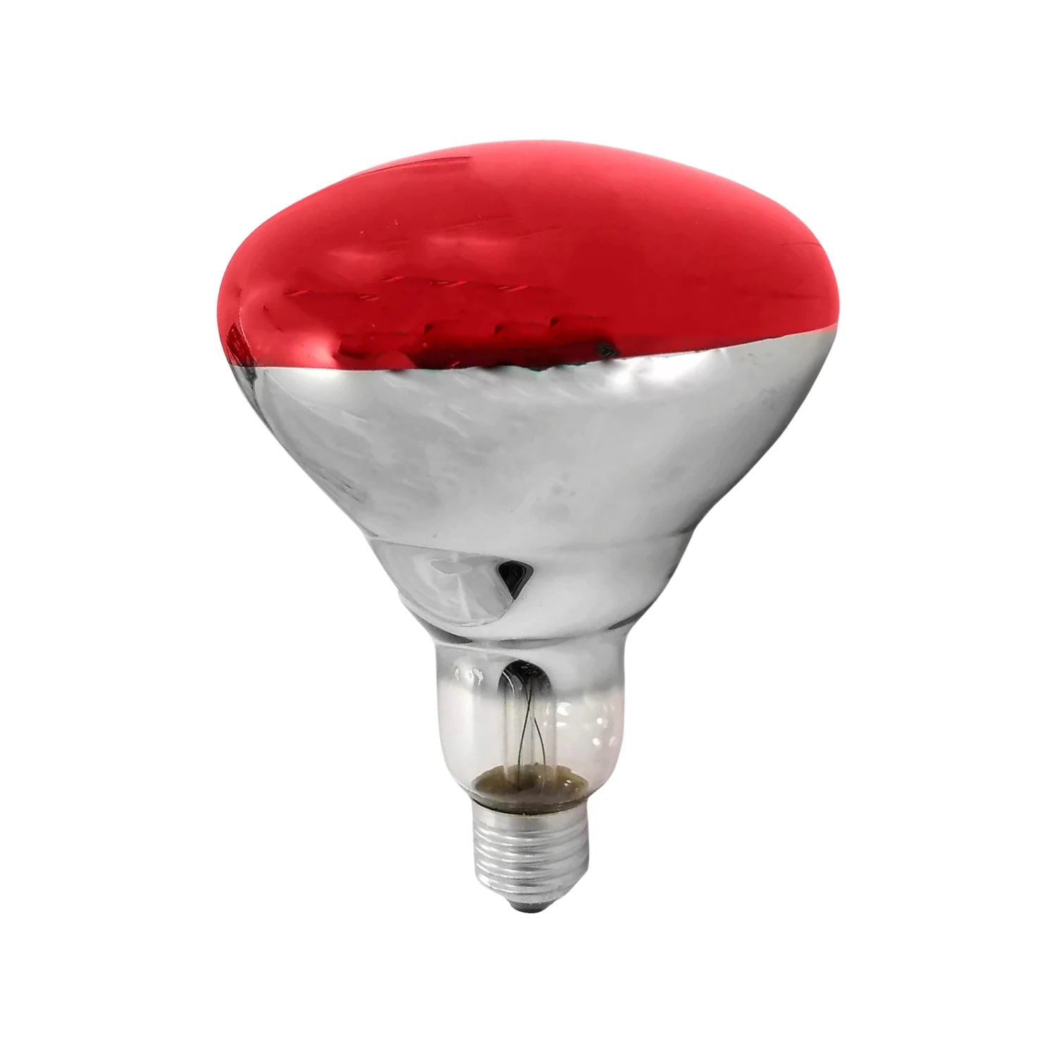 Foco incandescente infrarrojo 250W, bulbo rojo y base reflectante para calor.