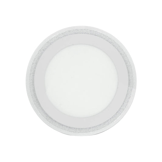 Lámpara panel LED redonda de empotrar, marco plateado texturizado y luz blanca para iluminación interior.