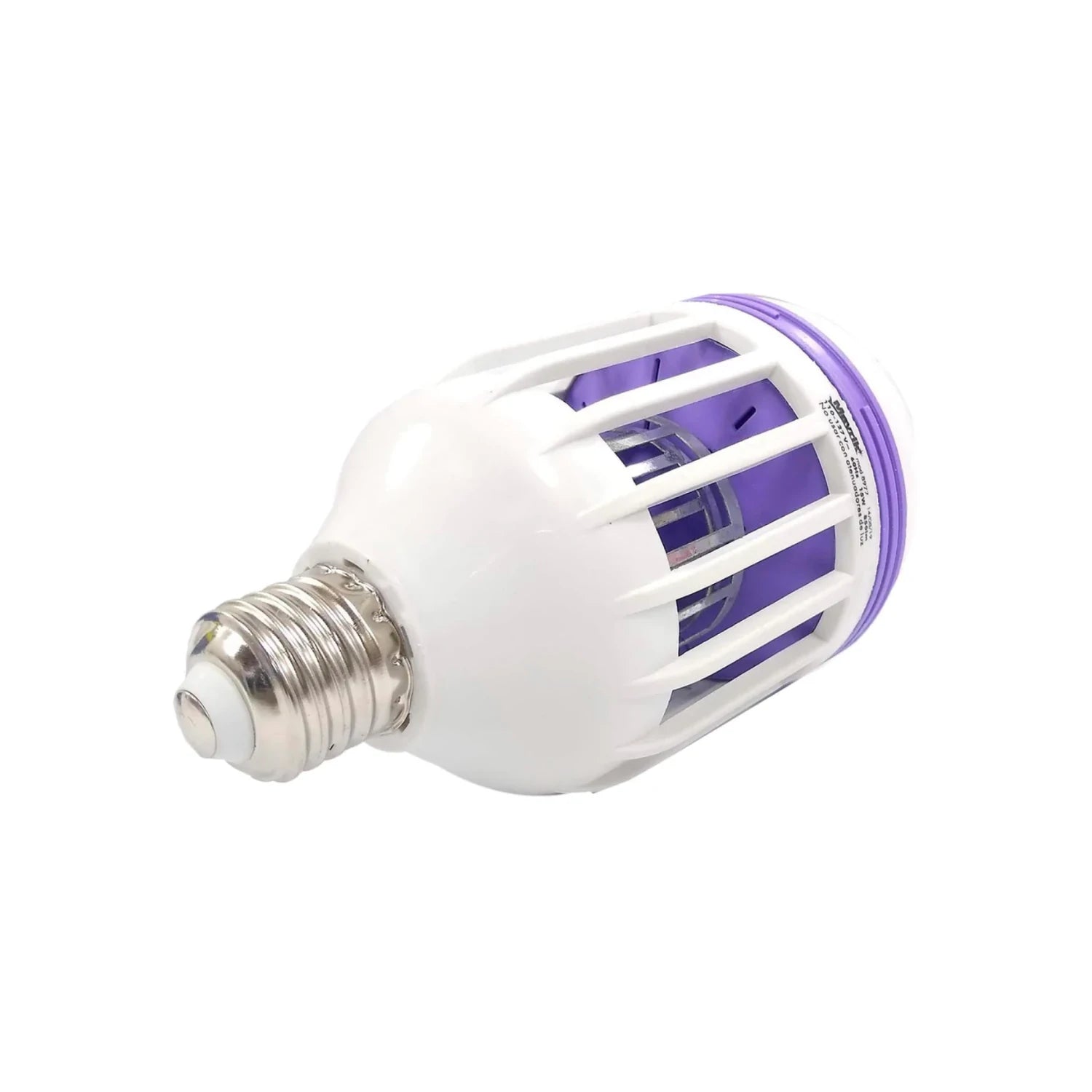 Foco LED mata insectos 15W, blanco y morado, con base rosca E27. Elimina mosquitos y plagas voladoras.