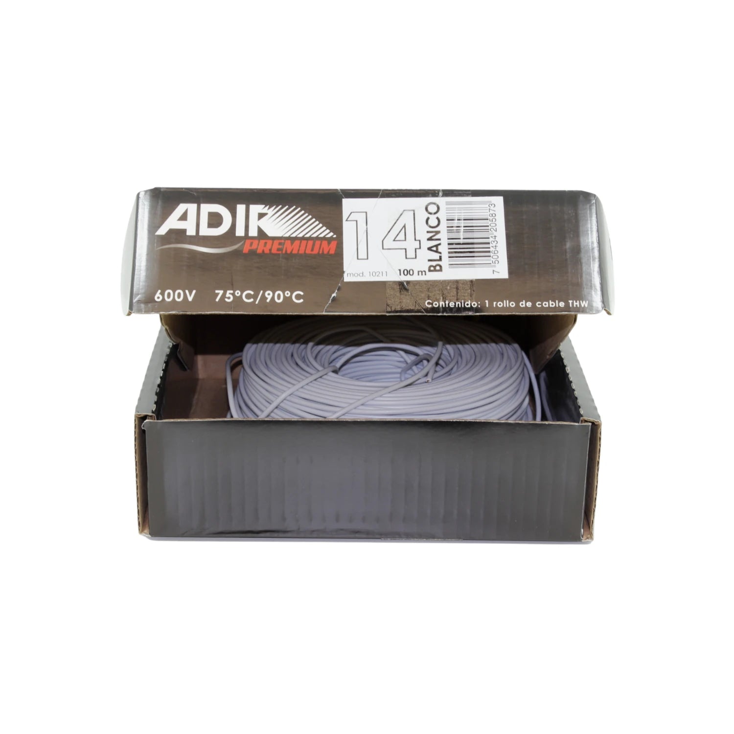 Cable eléctrico Adir THW calibre 14 blanco, rollo de 100 metros, 600V para instalaciones.