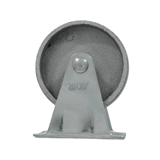 Rodaja placa fija Adir de 3 pulgadas, rueda industrial metálica gris para transporte.