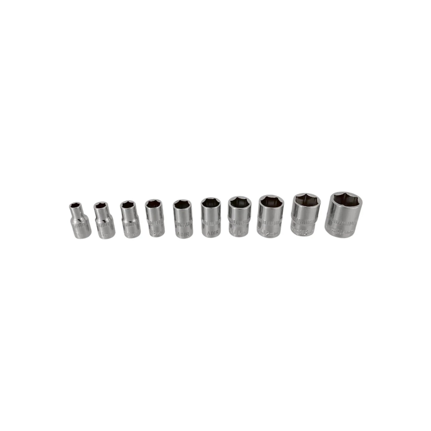 Juego de 10 dados milimétricos Adir 1/4", cromados para herramientas manuales de taller y mecánica