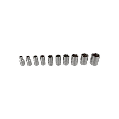 Juego de 10 dados milimétricos Adir 1/4", cromados para herramientas manuales de taller y mecánica