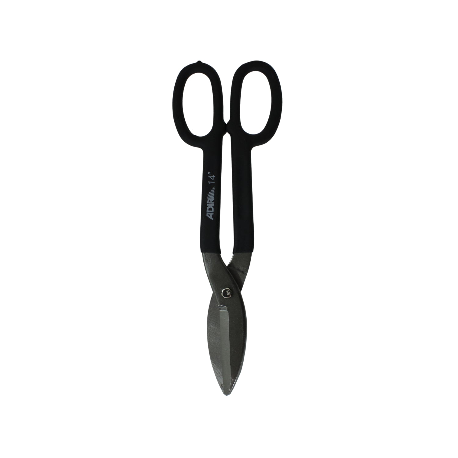 Tijera para hojalatero Adir 14" con mangos negros y cuchillas de acero para corte de lámina metálica.