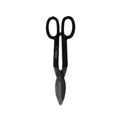 Tijera para hojalatero Adir 14" con mangos negros y cuchillas de acero para corte de lámina metálica.