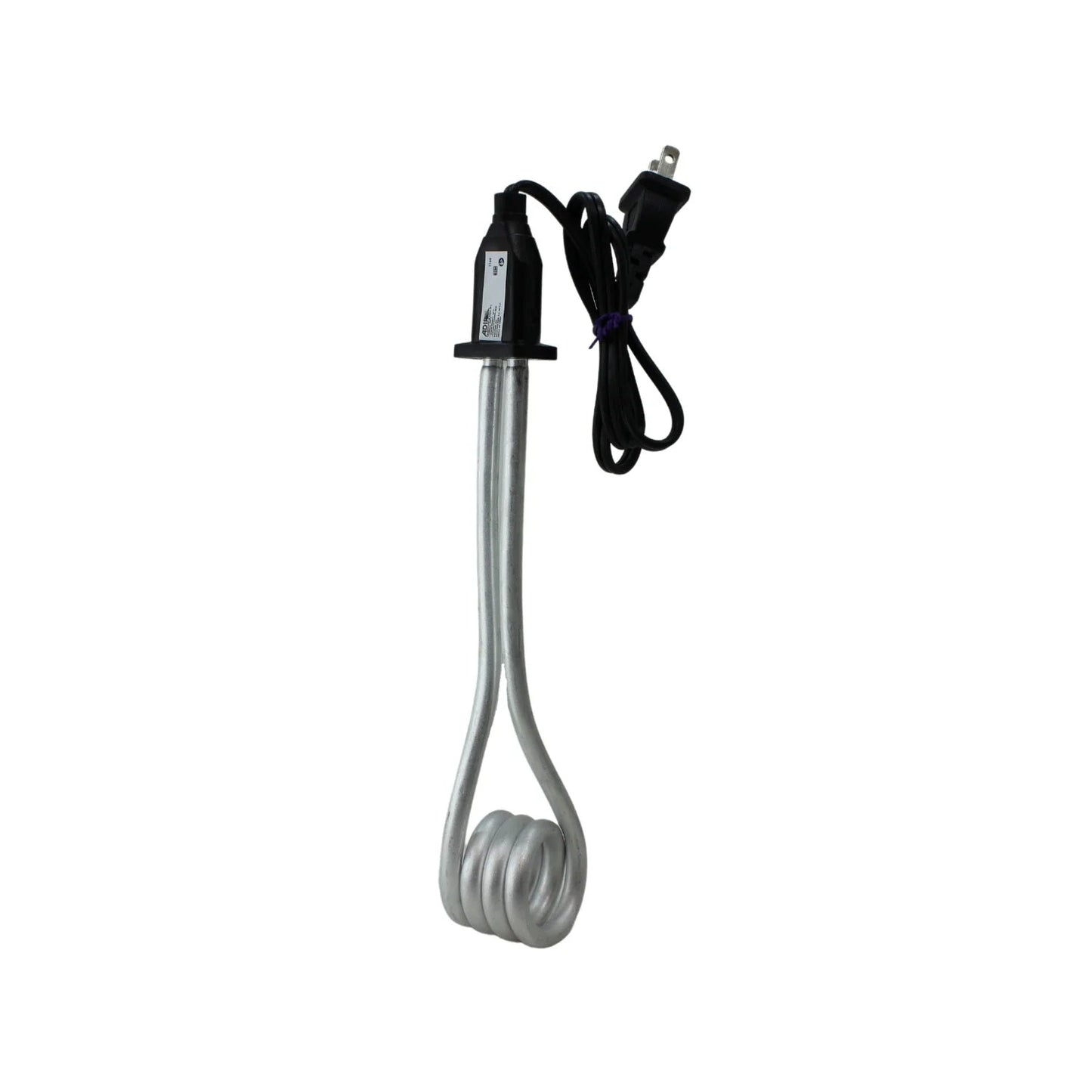 Calentador de inmersión Adir #6 eléctrico portátil para agua o líquidos, elemento plateado y cable negro.