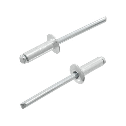 Dos remaches ciegos pop de aluminio 3/16 pulgadas plateados para fijación en metal, madera y plástico.