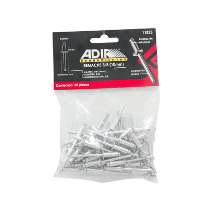 Remaches ciegos Adir 11825 de aluminio/acero 3/16"x3/8" (10mm) plateados, 50 piezas.