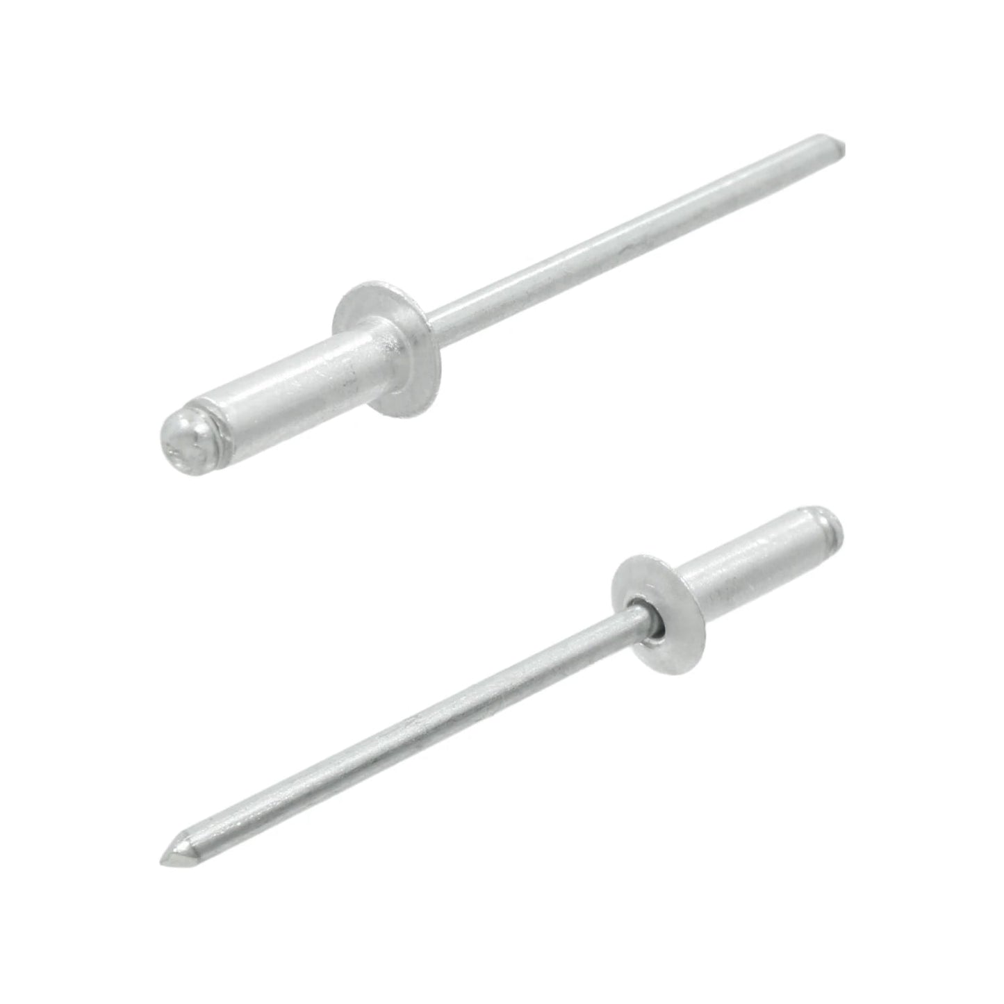 Remaches pop ciegos de aluminio, acabado metálico, para fijación en construcciones y uniones.