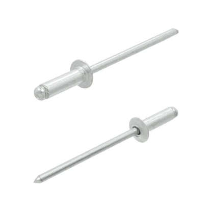 Remaches pop ciegos de aluminio, acabado metálico, para fijación en construcciones y uniones.