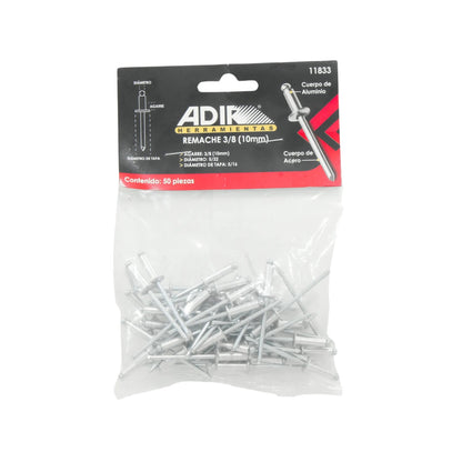 Remaches de aluminio/acero Adir, 5/32" de diámetro, 3/8" (10mm) de agarre, 50 piezas.