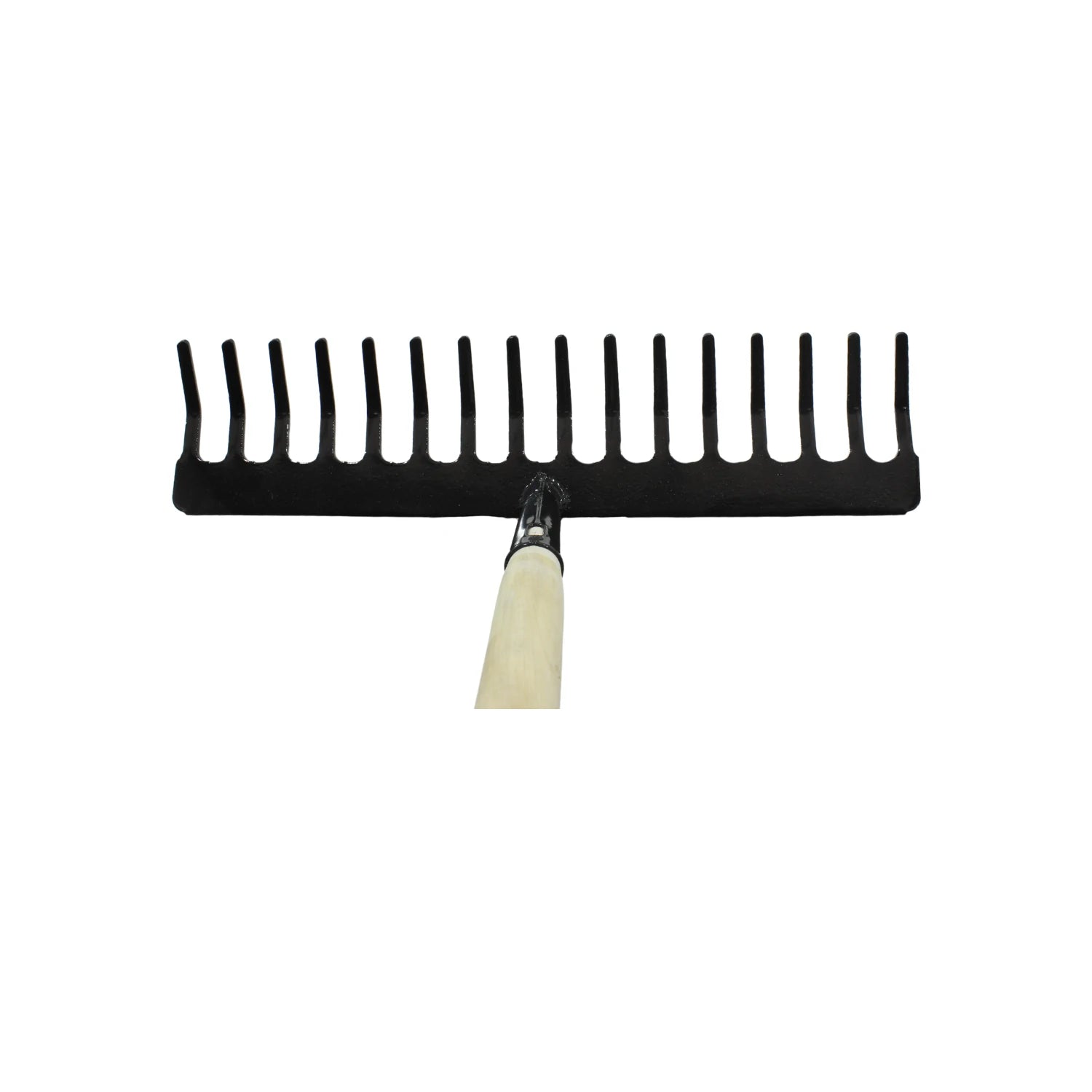 Rastrillo jardinero de 16 dientes con cabeza de metal negro y mango de madera para limpieza de jardín.