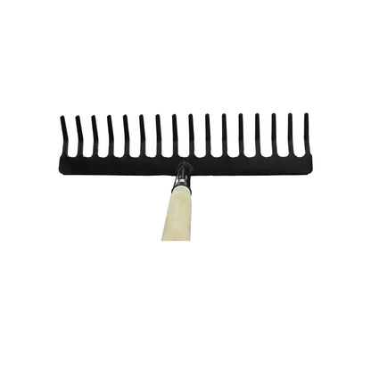 Rastrillo jardinero de 16 dientes con cabeza de metal negro y mango de madera para limpieza de jardín.