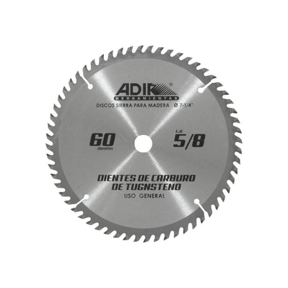 Disco sierra circular Adir 7-1/4" 60 dientes de carburo de tungsteno para madera, eje 5/8"