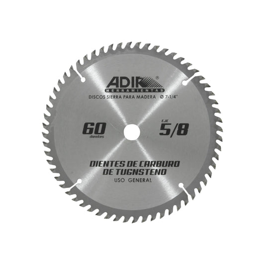 Disco sierra circular Adir 7-1/4" 60 dientes de carburo de tungsteno para madera, eje 5/8"