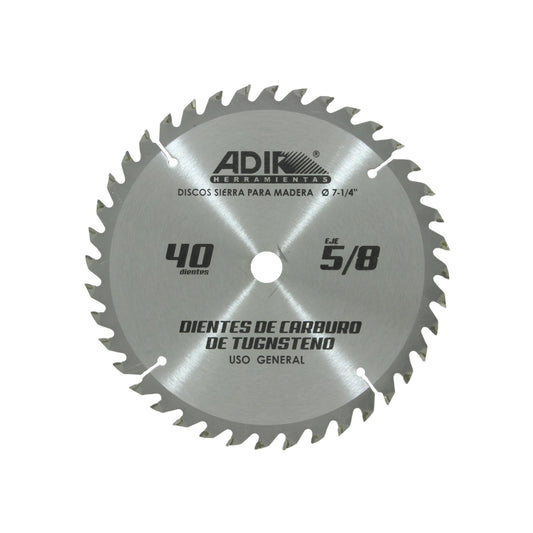 Disco sierra circular Adir 7-1/4" para madera 40 dientes de carburo de tungsteno, eje 5/8"
