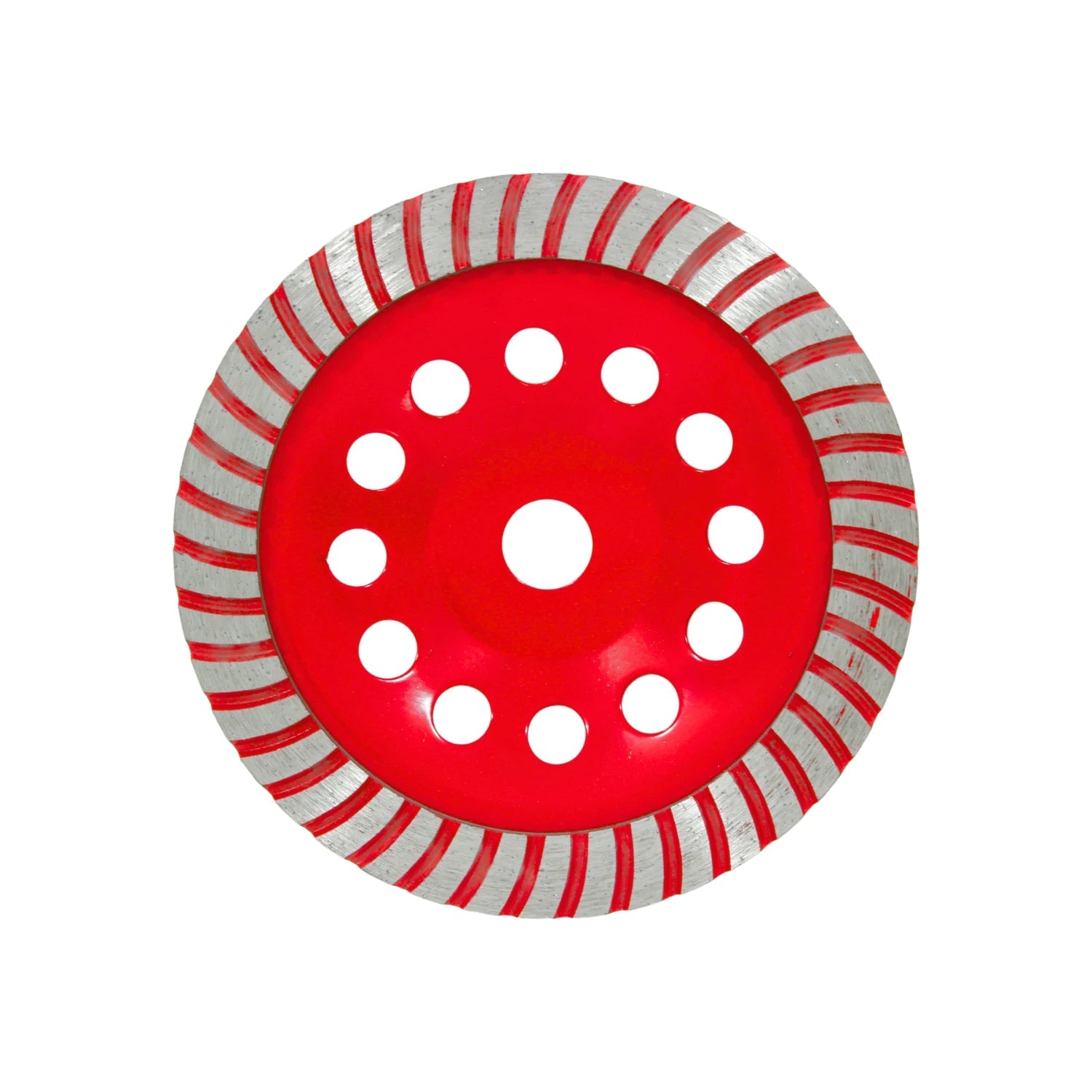 Copa diamante turbo roja con segmentos plateados, ideal para desbaste de concreto, piedra y mampostería