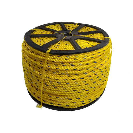 Cuerda de polipropileno 1/2" amarilla con puntos azules, en rollo grande sobre carrete negro