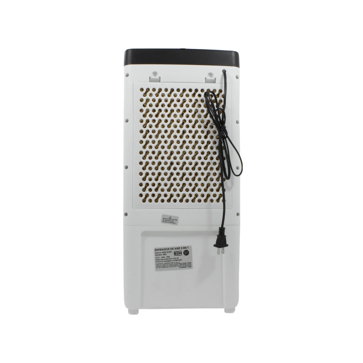 Enfriador de aire Adir 3 en 1 blanco y negro, vista trasera con rejilla y cable de alimentación, modelo 4821