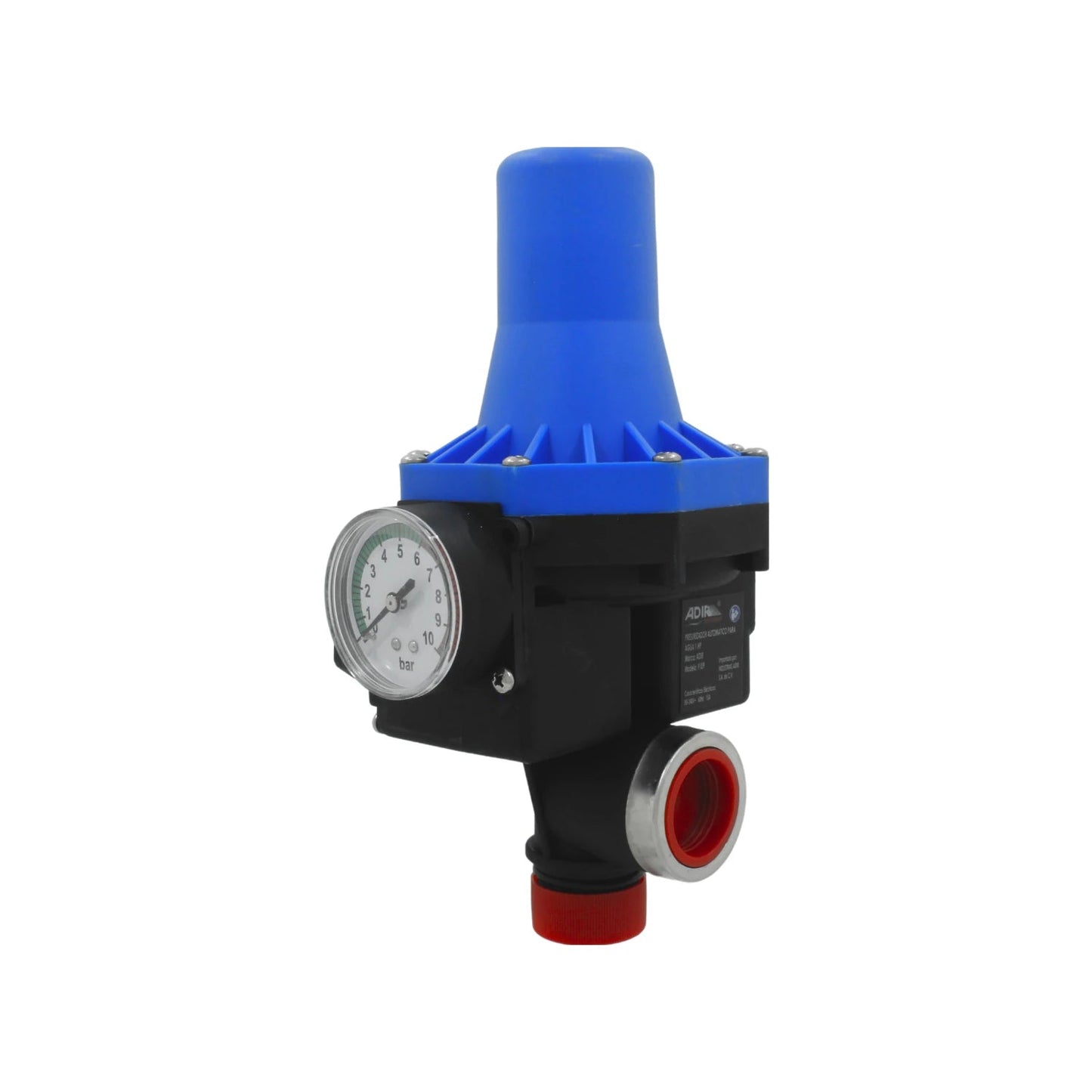 Control automático de presión para bomba de agua Adir, con manómetro, azul y negro.