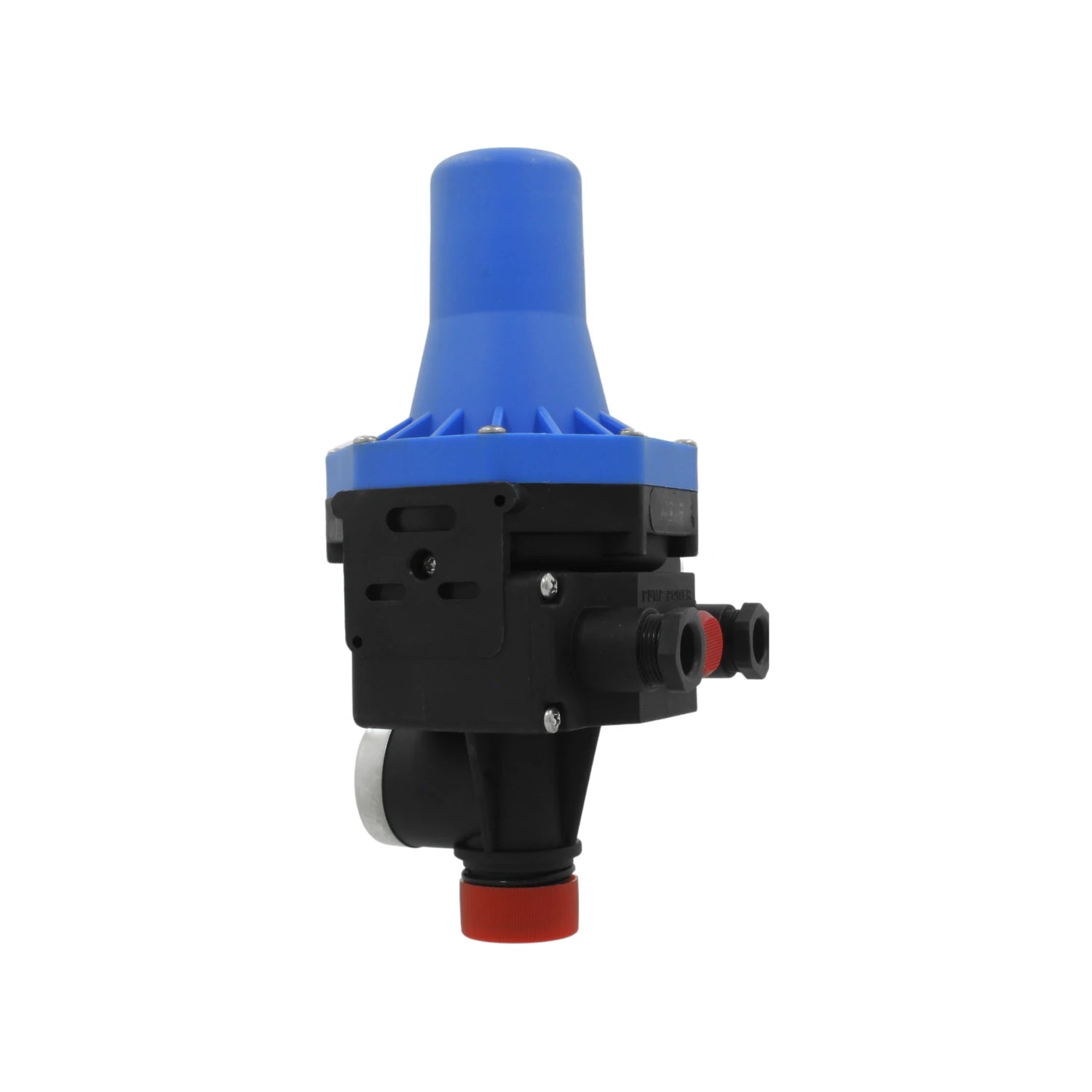 Control automático de presión para bomba de agua, color azul y negro, con conexiones roscadas.
