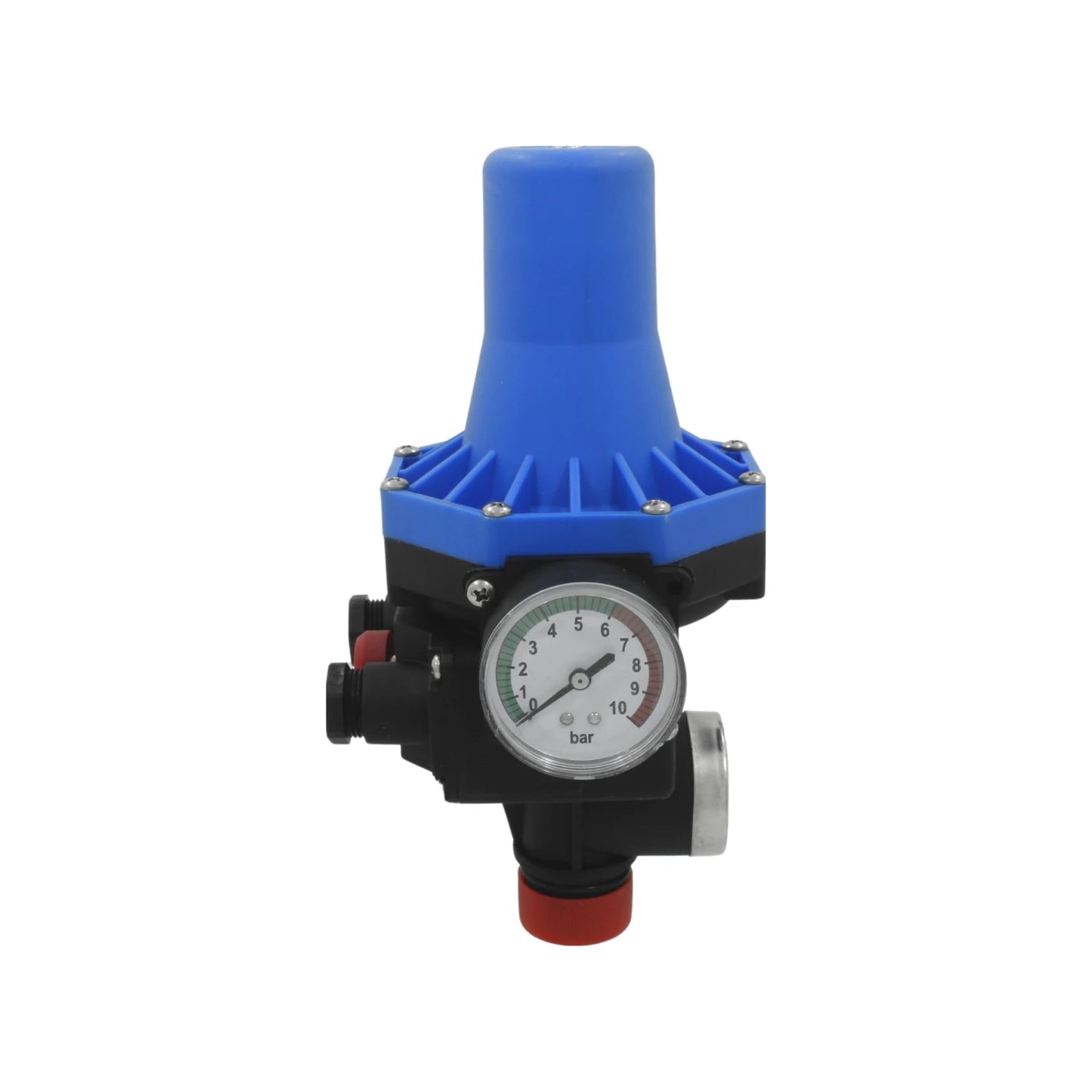 Control automático de bomba de agua azul y negro con manómetro integrado 0-10 bar, ideal para sistemas de presión.