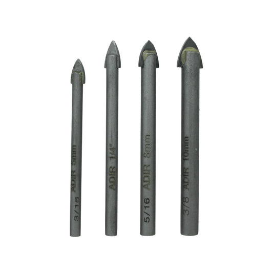 Juego de 4 brocas ADIR de carburo para vidrio y azulejo, medidas 5mm, 1/4", 8mm, 10mm