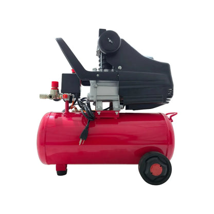 Compresor de aire portátil con tanque rojo horizontal, motor eléctrico y ruedas, ideal para herramientas neumáticas.