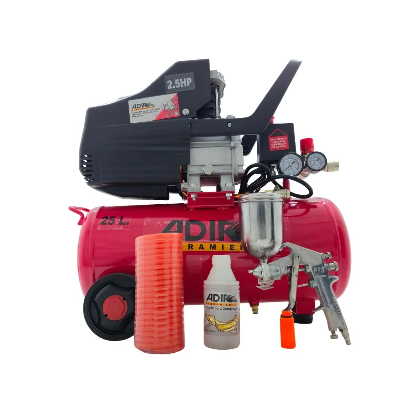 Compresor de aire Adir 25 litros 2.5HP con pistola de gravedad, manguera y aceite para compresor color rojo