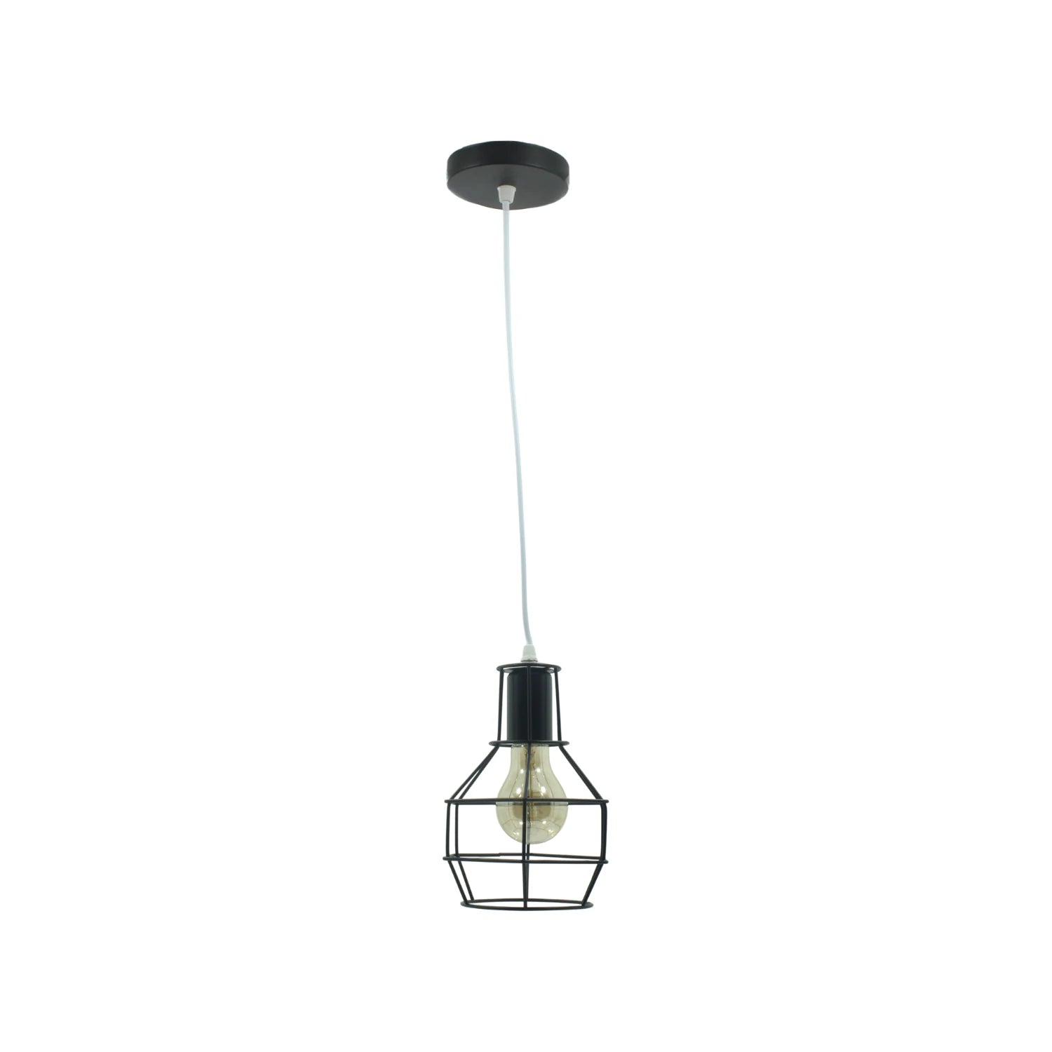 Candil colgante industrial con rejilla metálica negra, cable blanco y bombilla de filamento visible.