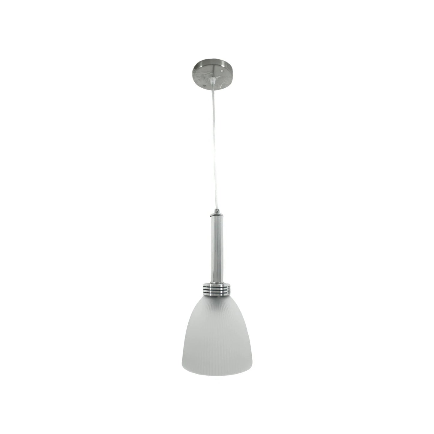 Candil colgante con pantalla de cristal tipo tulipán esmerilado acanalado, herrajes metálicos color plata para interior