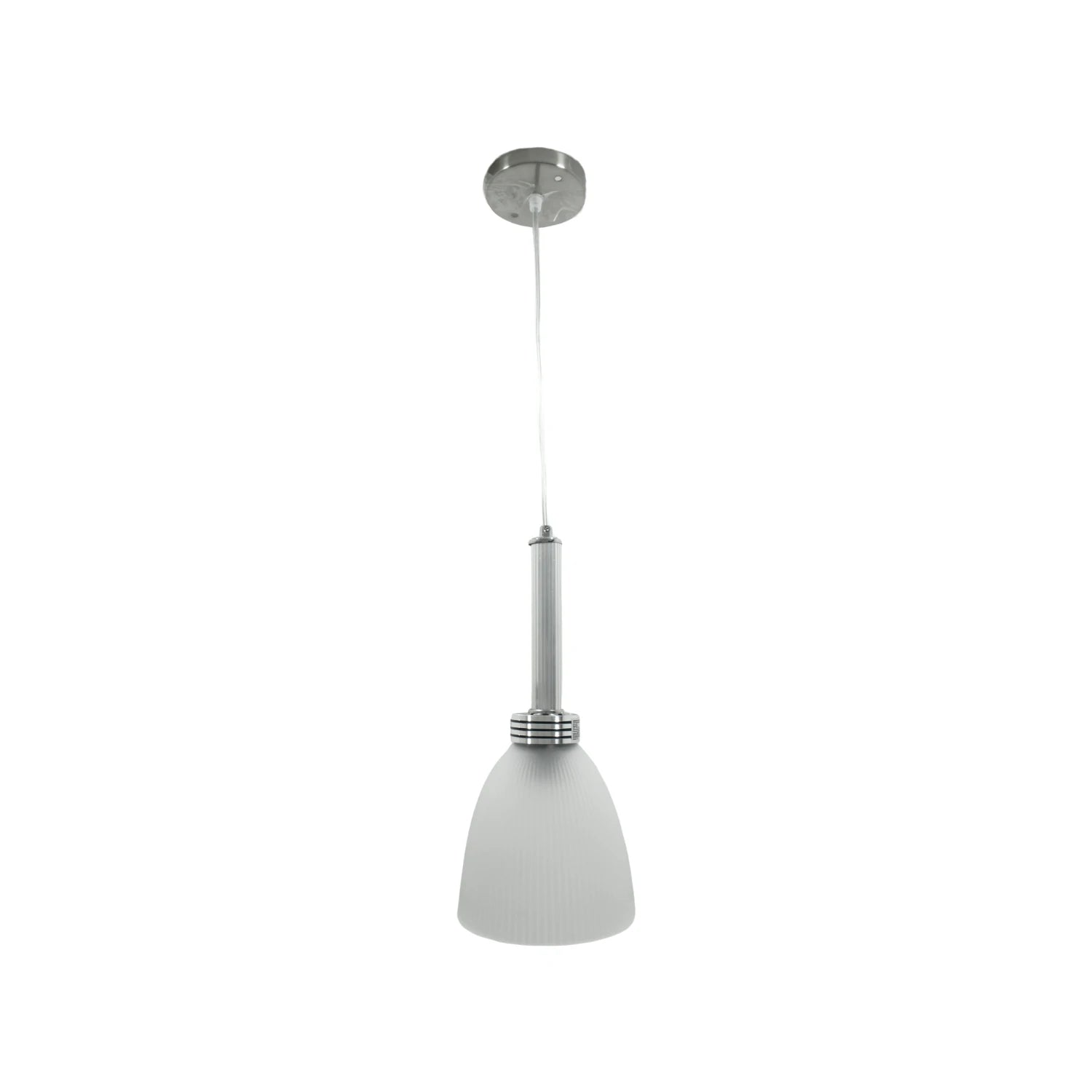 Candil colgante con pantalla de cristal tipo tulipán esmerilado acanalado, herrajes metálicos color plata para interior