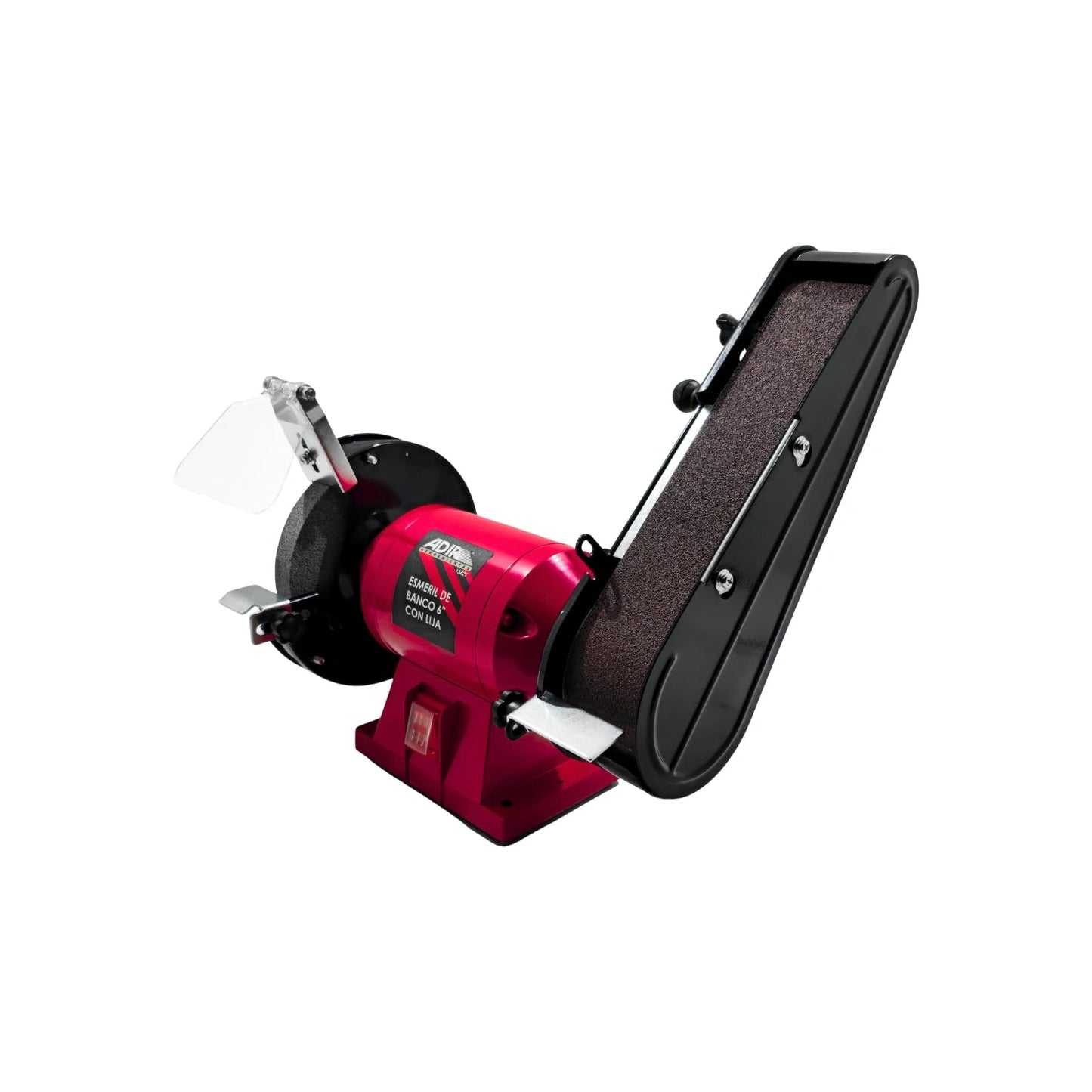 Esmeril de banco Adir 6" rojo con lijadora de banda integrada, ideal para desbaste, afilado y pulido de metal
