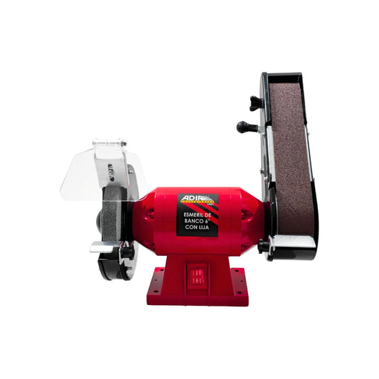Esmeril de banco Adir 6" rojo con lijadora de banda para pulir, lijar y afilar herramientas eléctricas.
